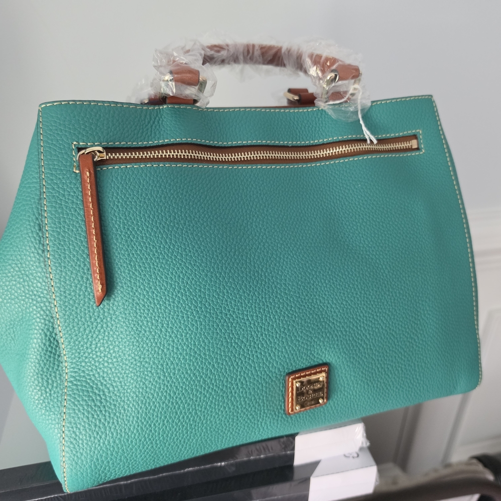 Dooney & Bourke Teal Pebbled Leather Top-Handle Satchel with Tan Trim